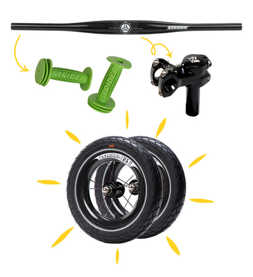 The Strider Race Kit includes a Carbon Fiber Flat Handlebar, Carbon Fiber Wheels, Mini Grips and stem adapter to upgrade your Strider 12 Pro