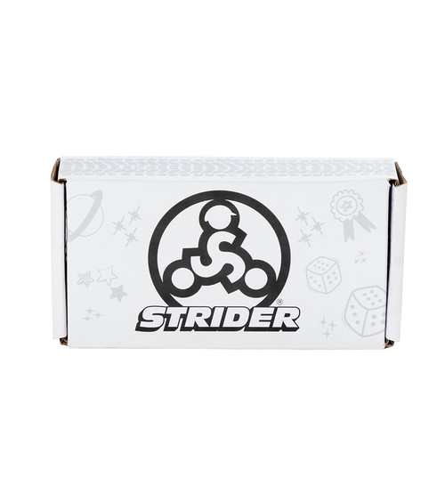 Top of Strider Tool Kit showing white box with gray doodle design and black Strider logo.