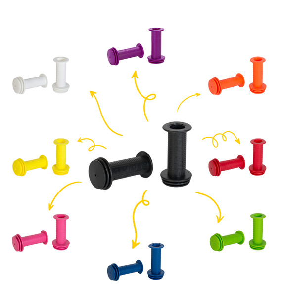 Studio image of multicolored Strider Classic Grips on a white background