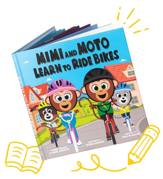 Mimi and Moto Learn to Ride Bikes book front cover with 2 monkeys on Strider Bikes and doodles.