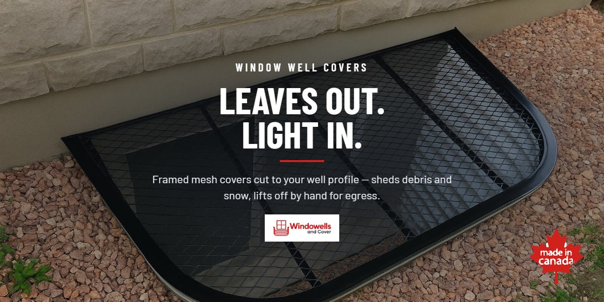 Black aluminum mesh window well cover installed beside a Canadian home
