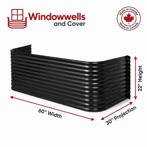 60″ W × 30″ P × 22″ H Powder Coated Window Well — Gloss Black