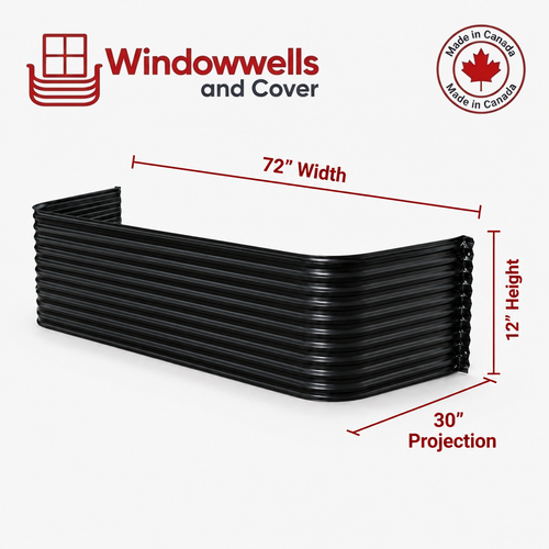 72″ W × 30″ P × 12″ H Powder Coated Window Well — Gloss Black