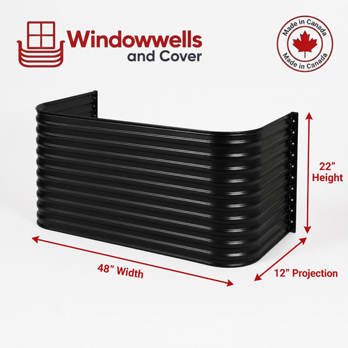 48″ W × 12″ P × 22″ H Powder Coated Window Well — Gloss Black