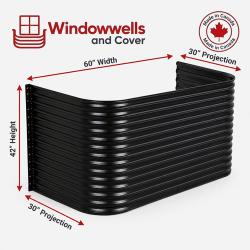 60″ W × 30″ P × 42″ H Powder Coated Window Well — Gloss Black