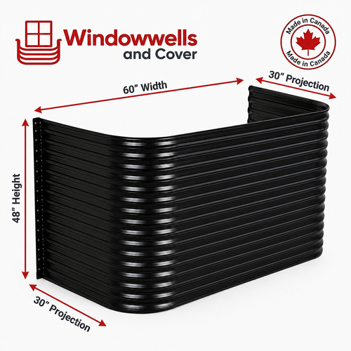 60″ W × 30″ P × 48″ H Powder Coated Window Well — Gloss Black