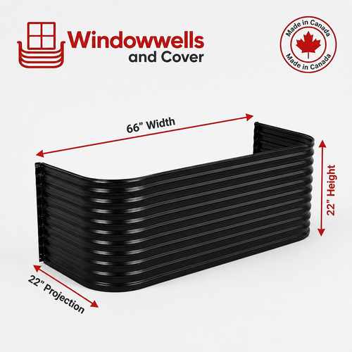 66″ W × 22″ P × 22″ H Powder Coated Window Well — Gloss Black