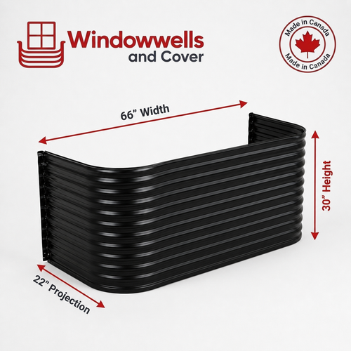 66″ W × 22″ P × 30″ H Powder Coated Window Well — Gloss Black