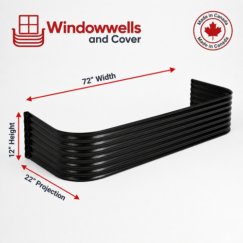 72″ W × 22″ P × 12″ H Powder Coated Window Well — Gloss Black