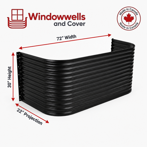 72″ W × 22″ P × 30″ H Powder Coated Window Well — Gloss Black