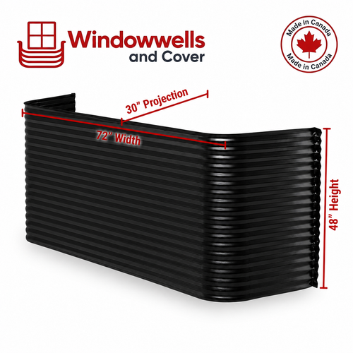 72″ W × 30″ P × 48″ H Powder Coated Window Well — Gloss Black