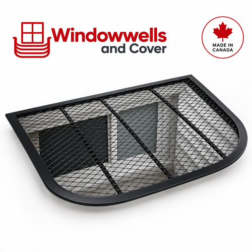 Black powder-coated steel window well cover, illustrative style; dimensions vary by selected size