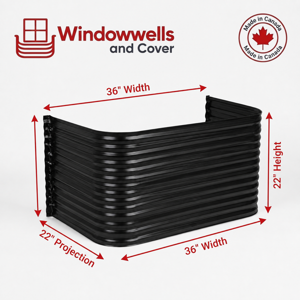 36″ W × 22″ P × 22″ H Powder Coated Window Well — Gloss Black