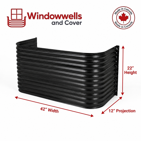 42″ W × 12″ P × 22″ H Powder Coated Window Well — Gloss Black