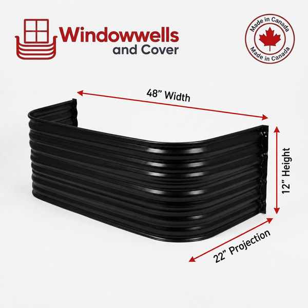 48″ W × 22″ P × 12″ H Powder Coated Window Well — Gloss Black