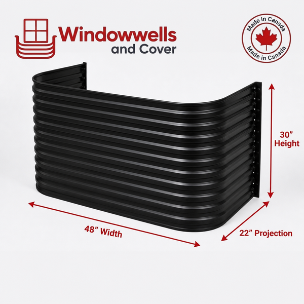 48″ W × 22″ P × 30″ H Powder Coated Window Well — Gloss Black