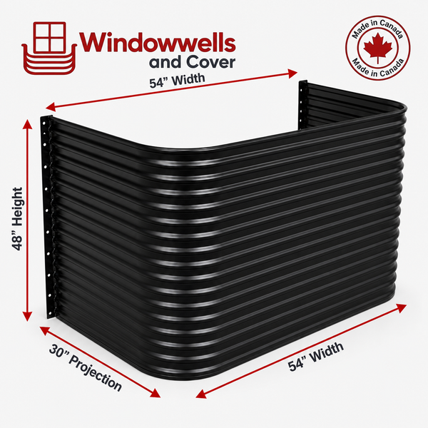 54″ W × 30″ P × 48″ H Powder Coated Window Well — Gloss Black