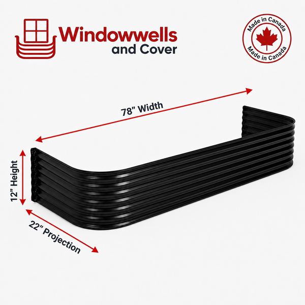 78″ W × 22″ P × 12″ H Powder Coated Window Well — Gloss Black
