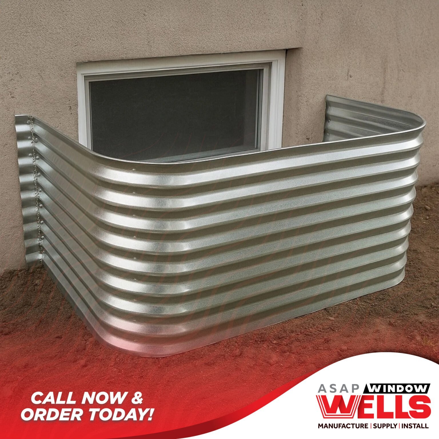 Galvanized steel window well installed at a basement window