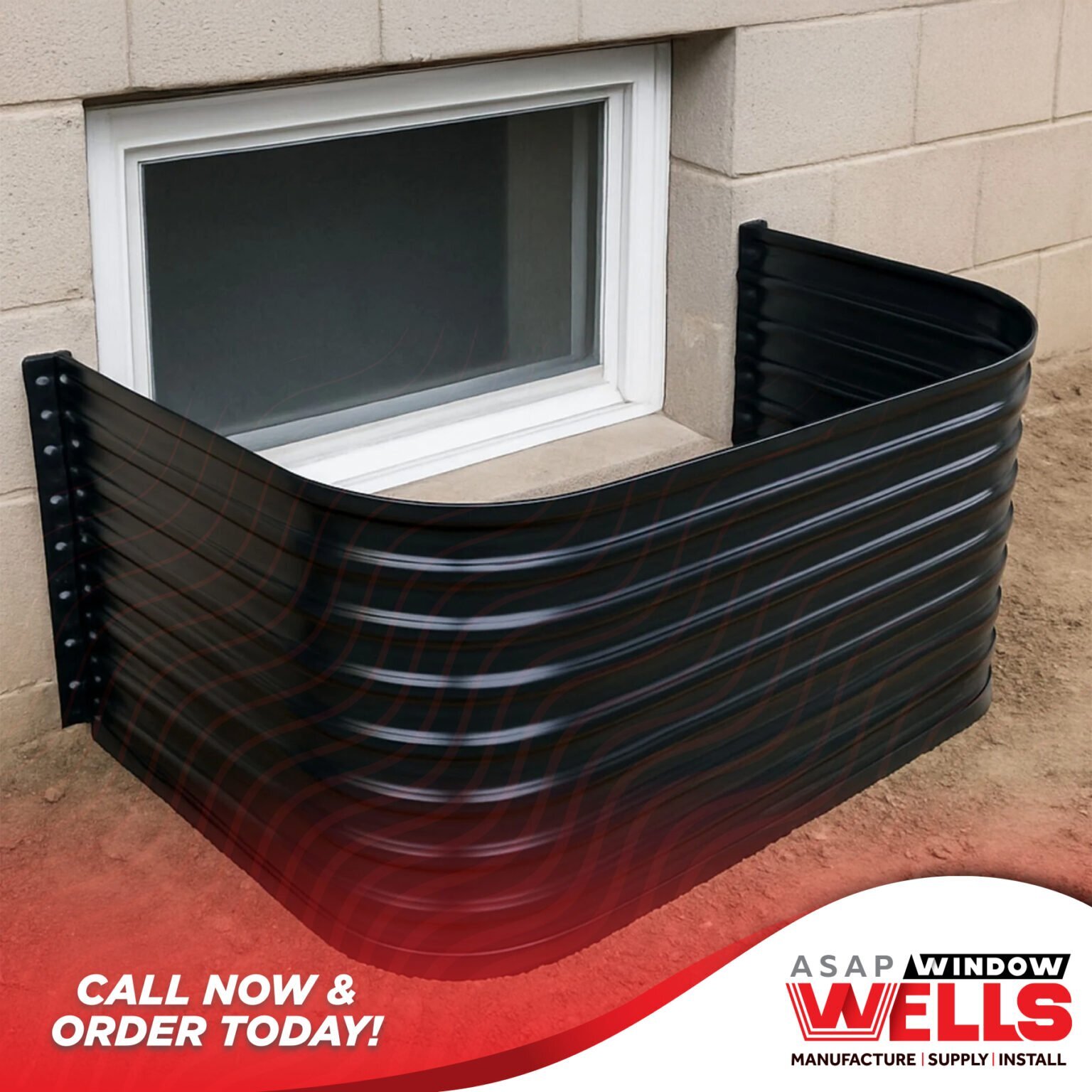 Black powder-coated window well installed beside a home