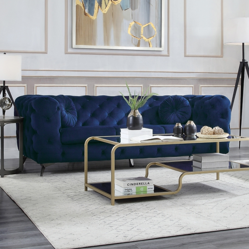 CHESTERFIELD INSPO BLUE VELVET SOFA TUFTED ACCENTS VINTAGE GLAM