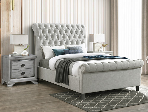 Gray fabric tufted accents sleigh style queen bed frame