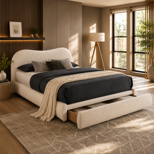 Curved Boucle Upholstered Platform Bed with Storage Drawer