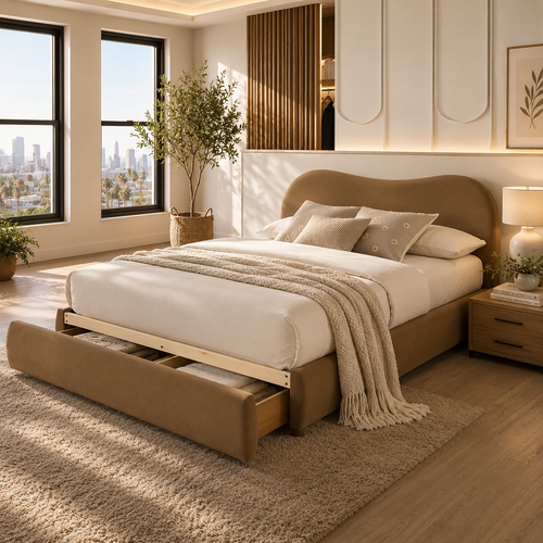 Curved Brown Velvet Upholstered Platform Bed with Storage Drawer
