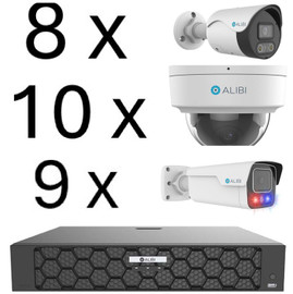 Alibi ALI-EST243997 – 32CH 16 POE NVR Kit with 9 IP Bullet, 10 IP Dome, 8 Fixed IP Bullet Cameras, 8-Port PoE Switch & 2 x 10TB Storage, NDAA Compliant, Active Deterrence