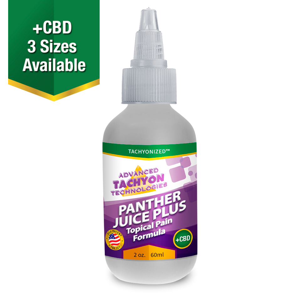 Tachyonized Panther Juice PLUS C.B.D. Isolate, a Tachyon energy product, delivers Tachyon directly to the source to relieve muscle, joint and arthritis pain, swelling and strains.