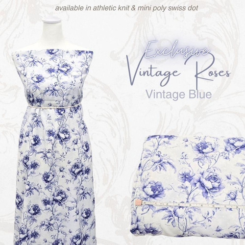 Exclusive Vintage Roses Vintage Blue on Athletic Knit Fabric (sold by half yards)