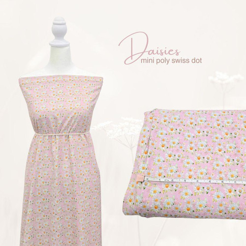 Daisies on Pink Mini Poly Swiss Dot Fabric (sold by half yards)