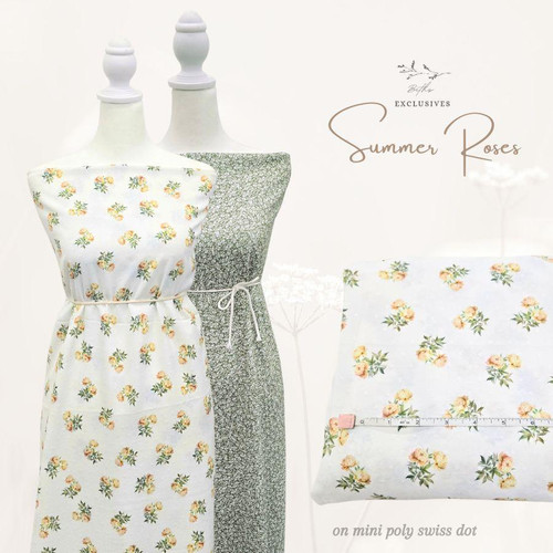Beth's Exclusive Summer Roses On White Mini Poly Swiss Dot (sold by half yards)