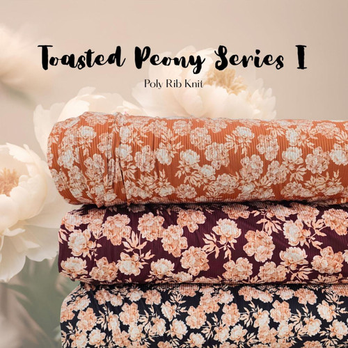 Toasted Peony on Caramel Poly Rib Knit Fabric (sold by half yards)