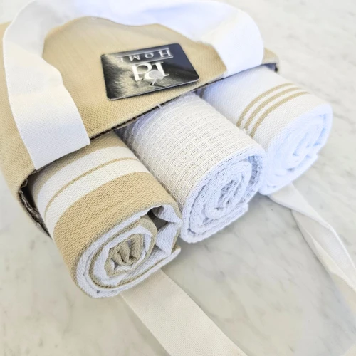 3 pc. Tan/White Towel w/Bag