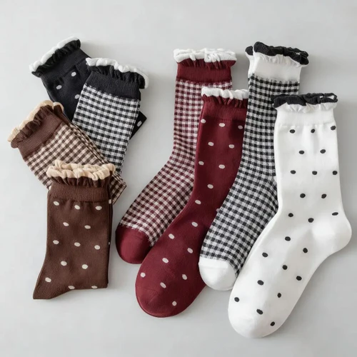 Plaid Dot Ruffle Crew Socks