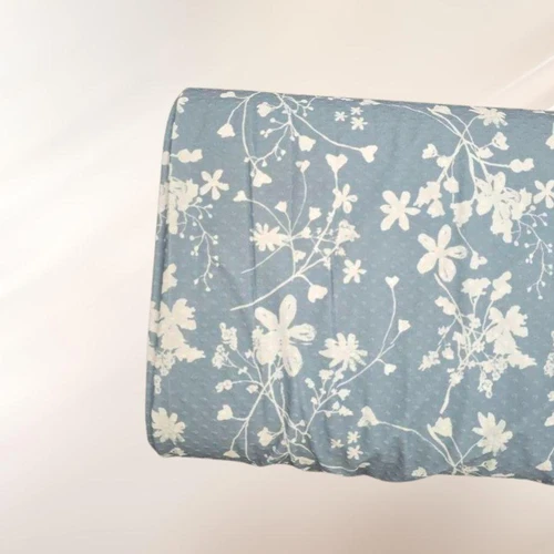 Beth's Exclusive Whispy Floral White on Muted Blue Knit Swiss Dot (sold by half yards)