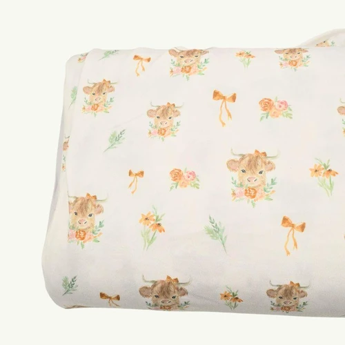 Beth's Exclusive Daisy the Highlander on White Single Brushed Poly (sold by half yards)