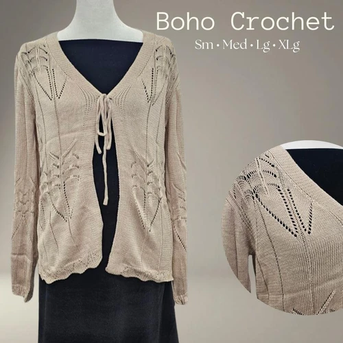 Boho Crochet Tie Front Cardigan- Khaki
