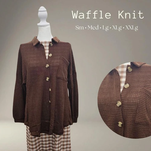 Waffle Knit Button-Down Jacket- Brown
