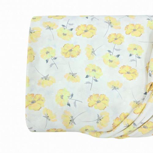 Exclusive White With Large Yellow Floral And Stems Poly Swiss Dot Fabric (sold by half yard)