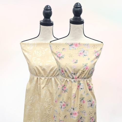 Yellow with Roses and Gold Geometric Designs Poly Cotton Crinkle Fabric (sold by half yard)
