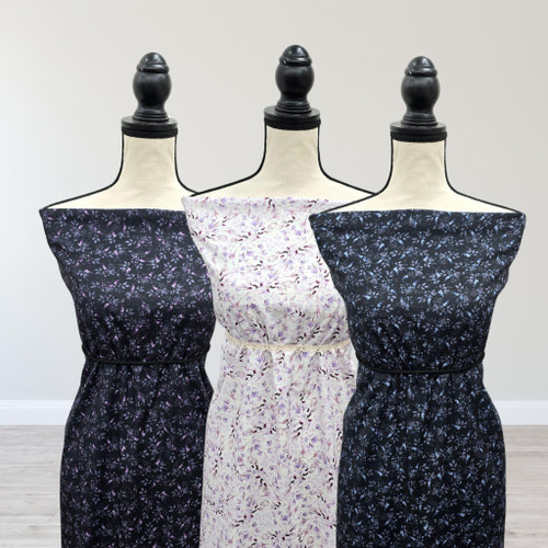 Blue Lilac Blossoms Crinkle Crepe Stretch Poly Fabric (sold by half yard)