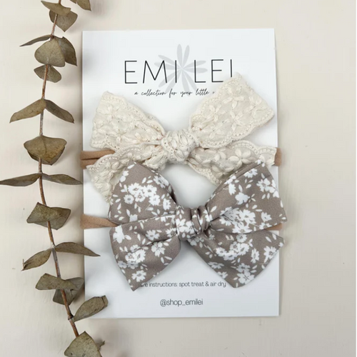 Linen Lace And Dainty Neutral Floral Nylon Stretchy Bow Headband Set