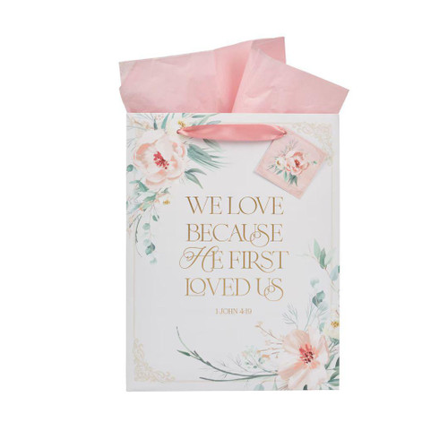 Love Peachy-pink Floral Large Portrait Gift Bag - 1 John 4:19