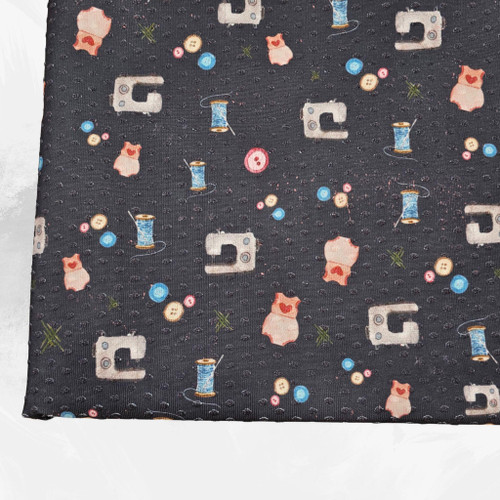 Beth's Exclusive Sewing Machines and Buttons Knit Swiss Dot Fabric (sold by half yard)