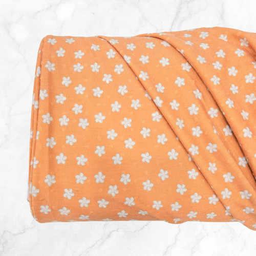 Yellow-Orange With Ditsy Cream Floral Knit Swiss Dot Fabric (sold by half)