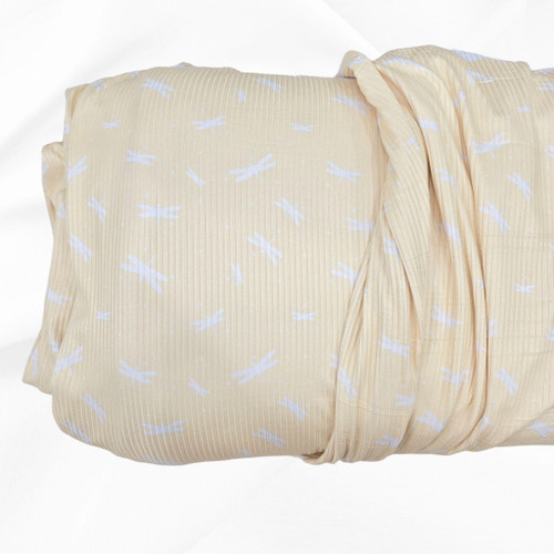 Beth's Exclusive Yellow And White Dragonflies Soft Rib Knit Fabric (sold by half yard)