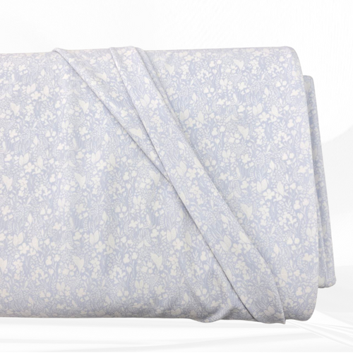 Petite Pale Blue Leafy Floral 4 Way Stretch Crinkle Poly Fabric (sold by half yards)