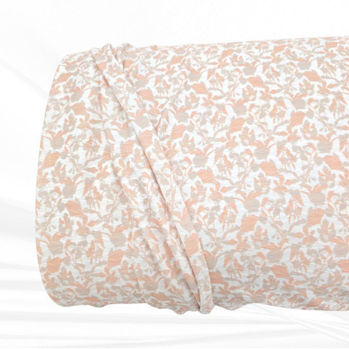 Peach and Tan Floral Vines 4-way Stretch Crinkle Poly Fabric (sold by half yards)